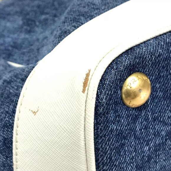 PRADA BN2441 Denim + Saffiano Tote Bag Shoulder Bag Hand Bag Cotton Blue/White - Picture 6 of 9